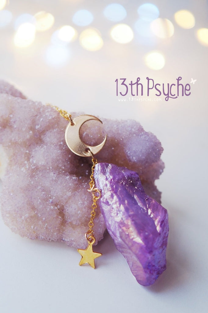Collar de cuarzo bruto púrpura hecho a mano con luna - 13th Psyche
