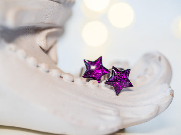 Estrella de purpurina hecha a mano Pendientes de botón, Acero inoxidable - 13th Psyche