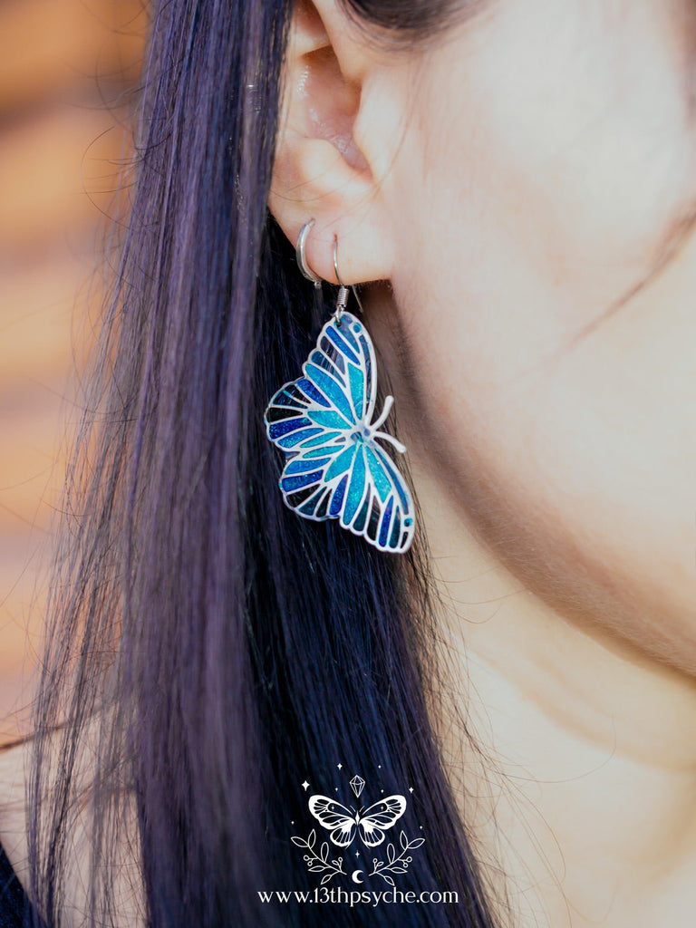 Handmade Blue butterfly earrings,Stained glass inspired - 13th Psyche
