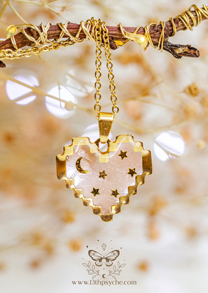 Handmade Pixel heart necklace, Moon and stars heart pendant necklace - 13th Psyche