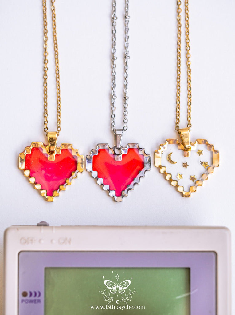 Handmade Pixel heart necklace, red heart pendant necklace - 13th Psyche