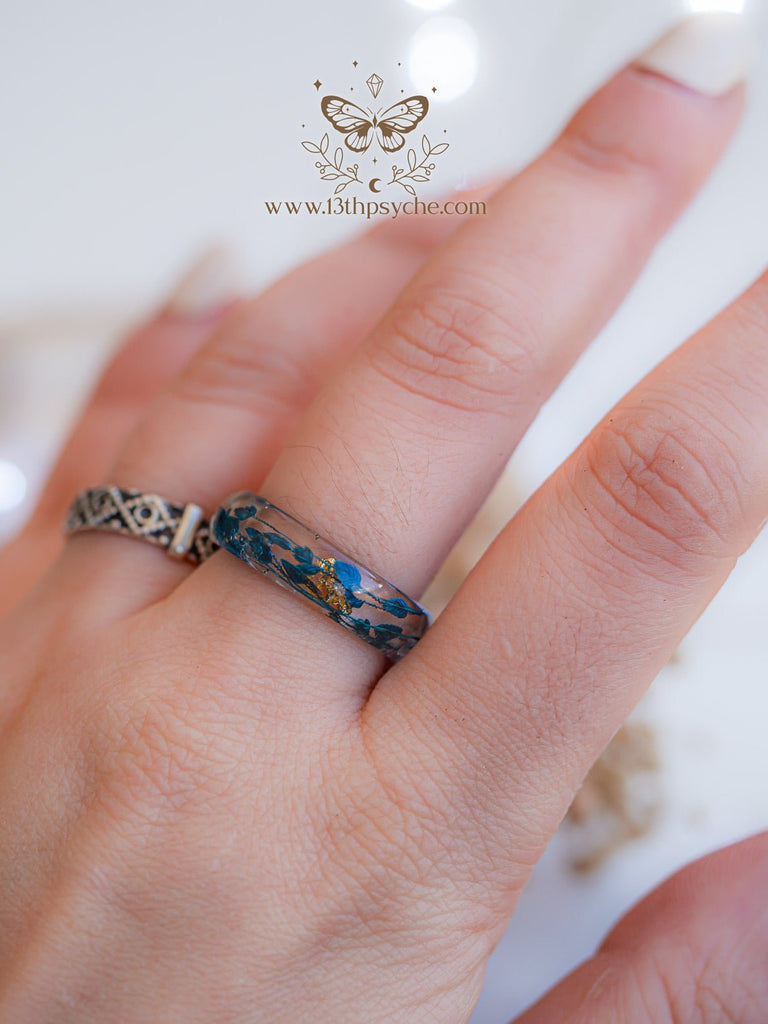 Handmade Real blue leaves resin ring with metal flakes - 13th Psyche