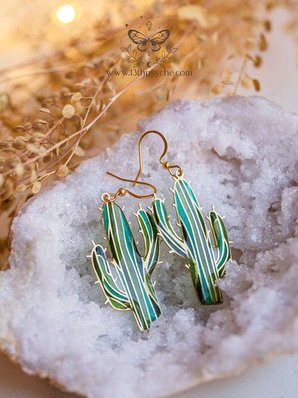 Handmade Stained glass inspired cactus earrings - 13th Psyche