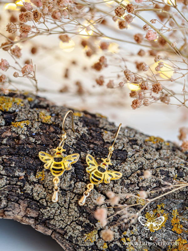 Handmade Stained glass inspired Honey bee earrings - 13th Psyche