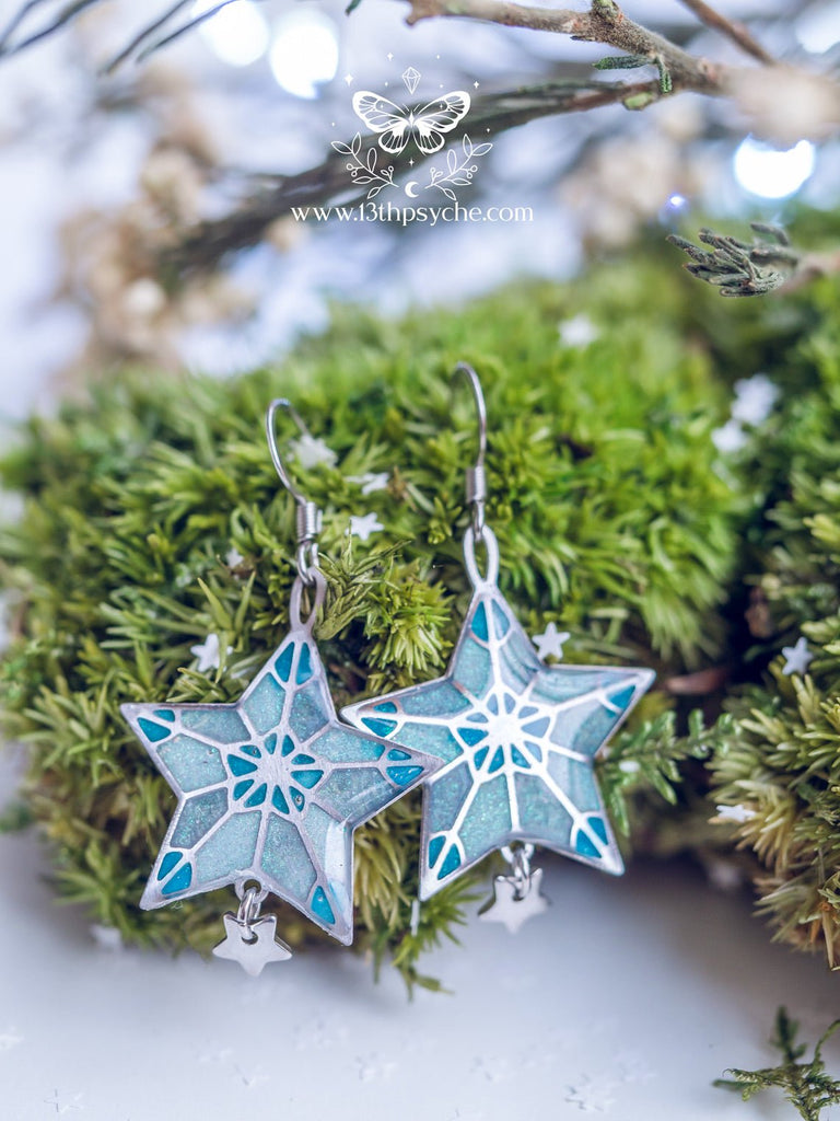 Handmade Winter star earrings, dangle drop earrings - 13th Psyche